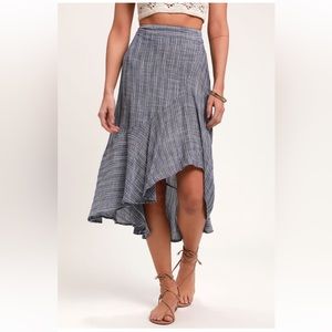 LULUS - Blue and White Striped Ruffled Midi Skirt (Size M)
